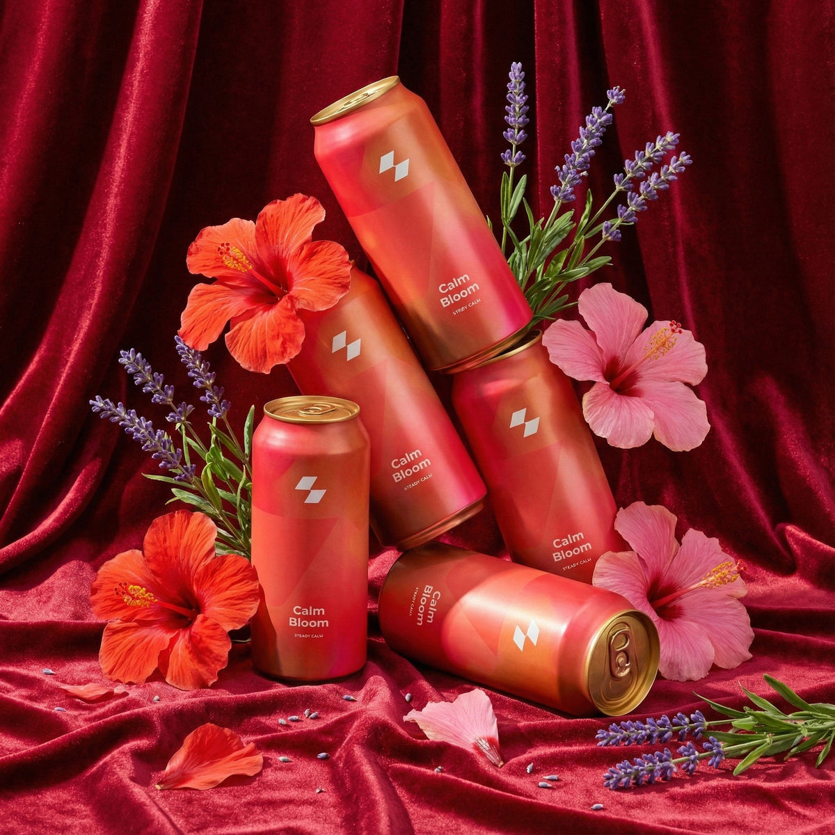 Red 'Calm Bloom' cans with flowers on a red fabric background