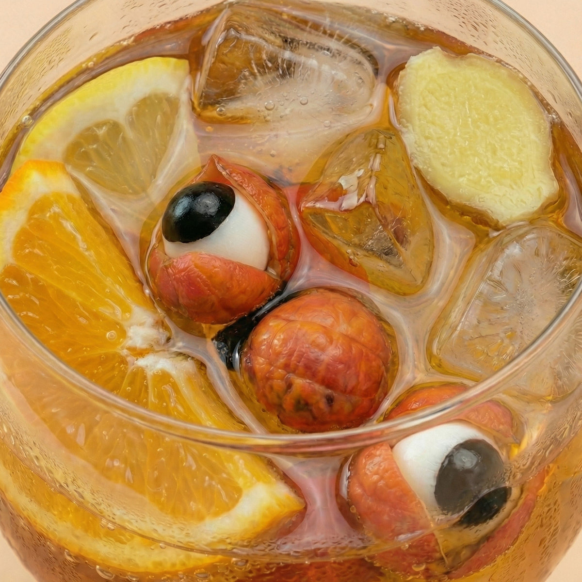 Glass of iced tea with fruit and gummy eyeballs on a light background