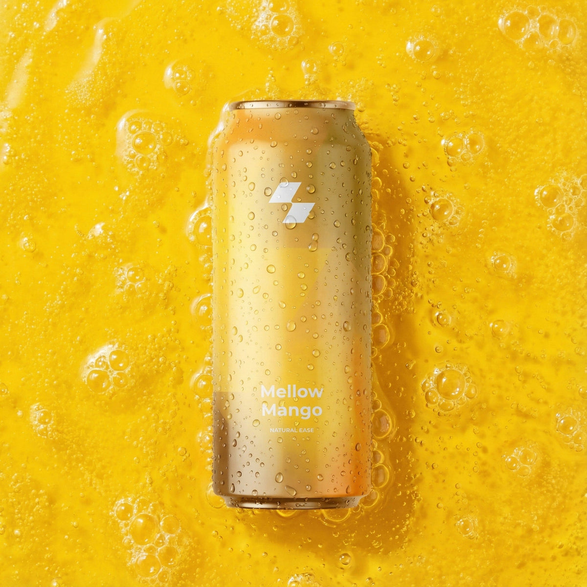 Can of 'Mellow Mango' on a yellow background with bubbles