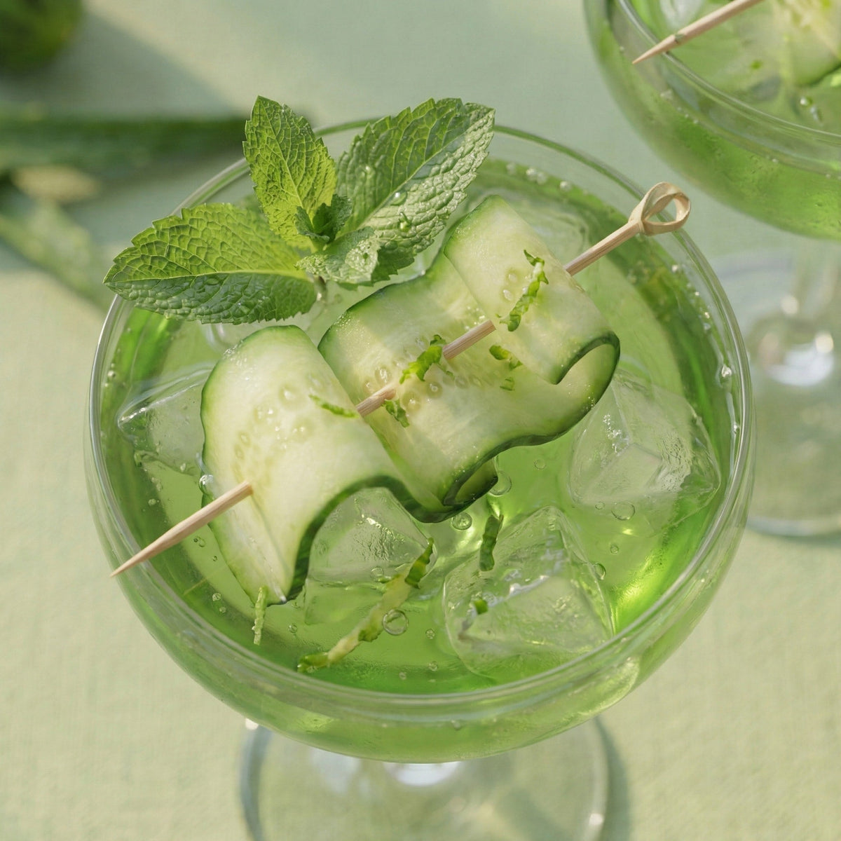 Green cocktail with cucumber slices and mint leaves in a glass.
