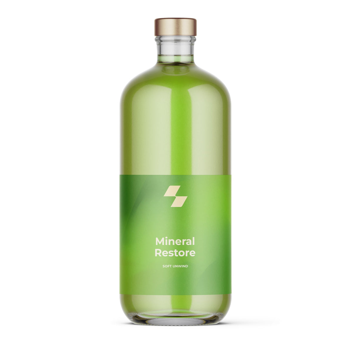 Green bottle labeled 'Mineral Restore' on a white background (33.8 oz / 1 L)