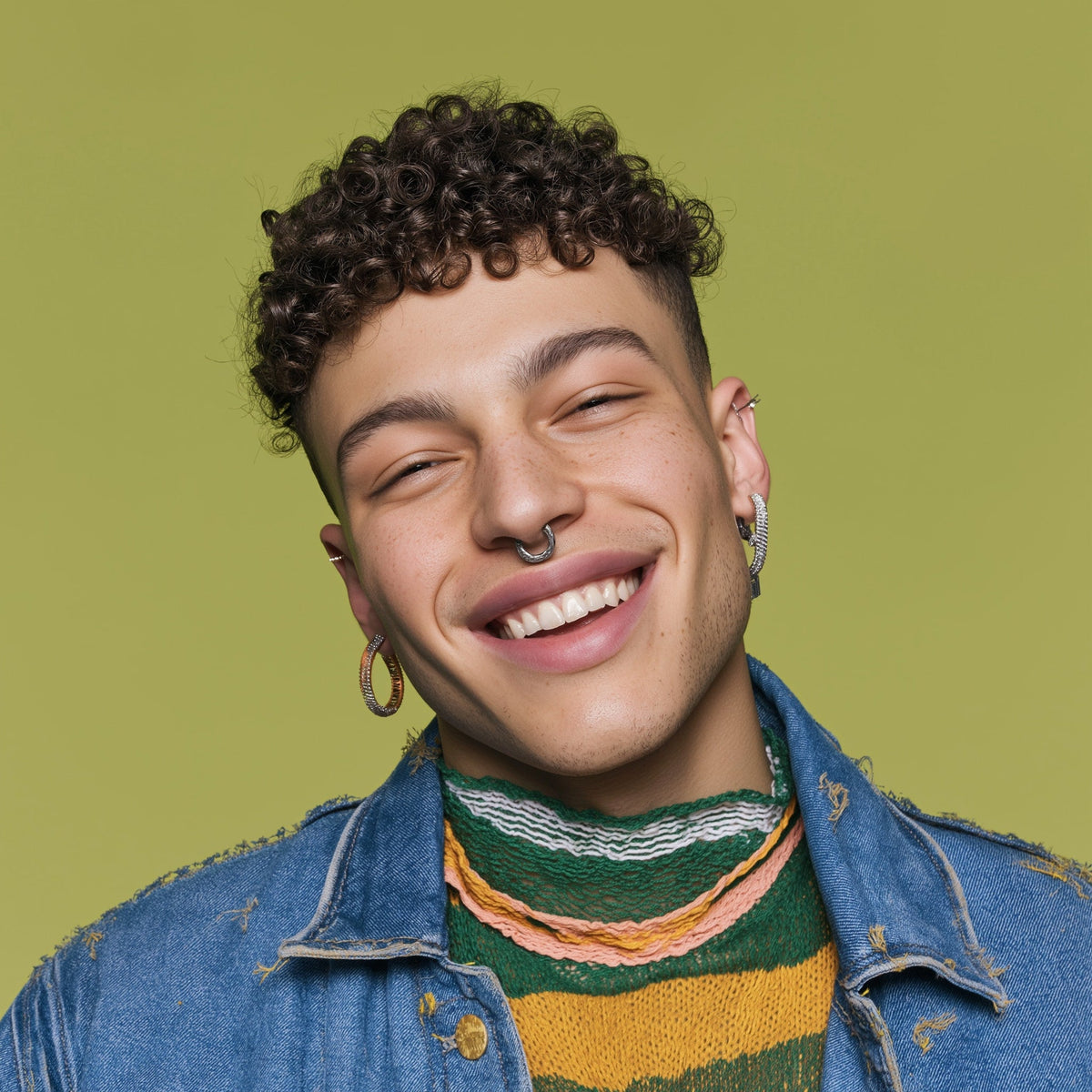 Person wearing a denim jacket and colorful striped sweater against a green background