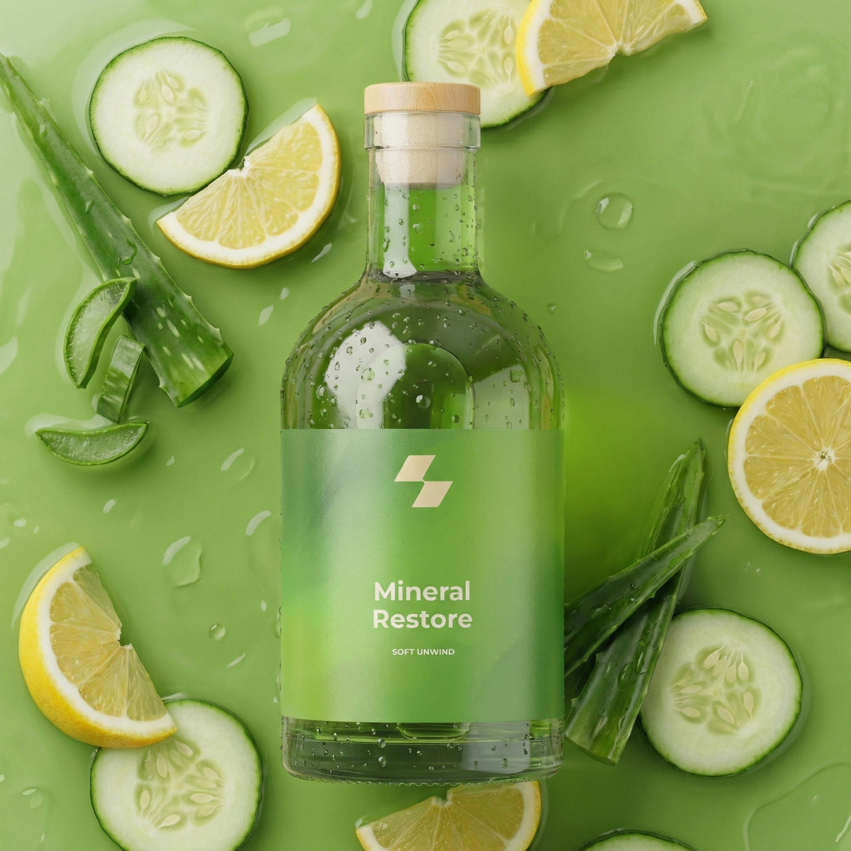 Bottle of 'Mineral Restore' on a green background with cucumber slices, lemon wedges, and aloe vera.