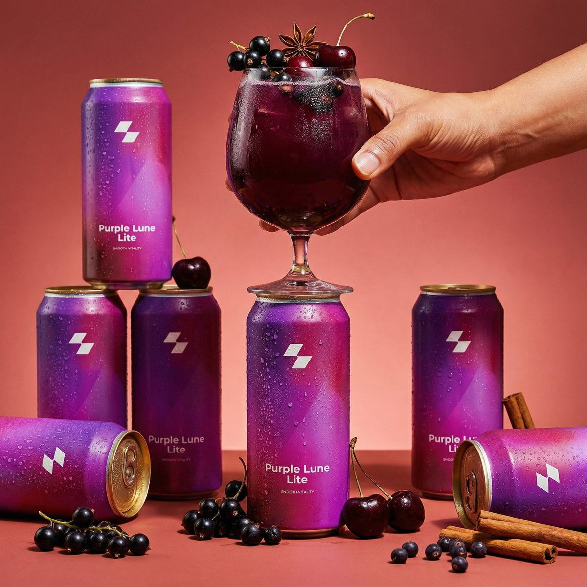 Purple Lune Lite cans with a glass of dark purple drink and cherries on a red background