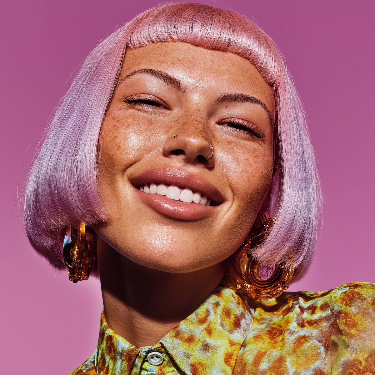 Woman with pink hair and floral shirt against a pink background