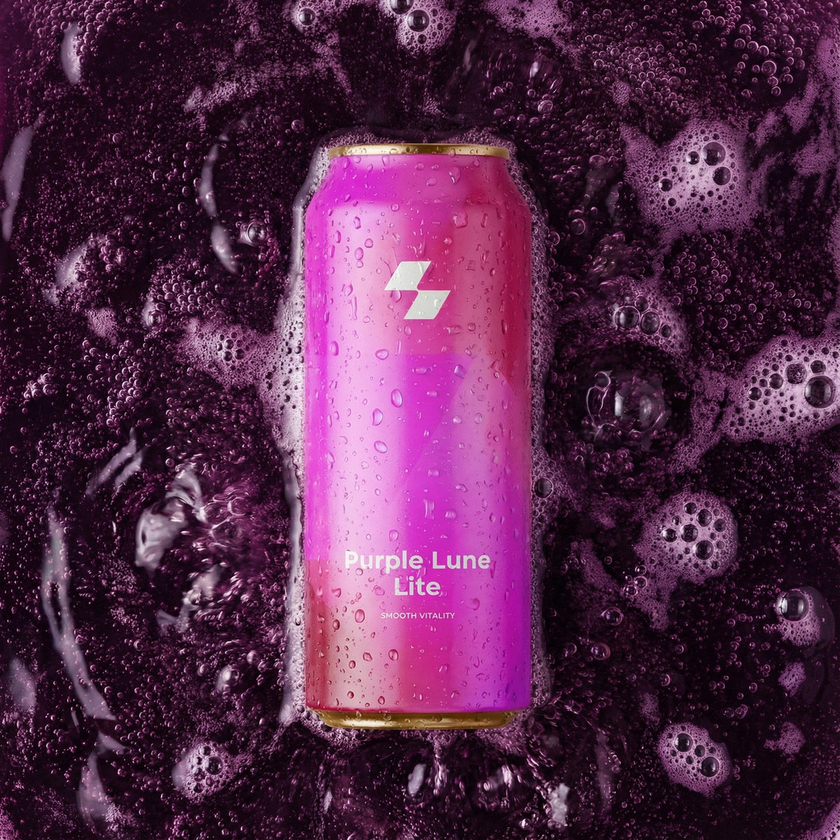 Purple Lune Lite can with a gradient design on a dark, bubbly background