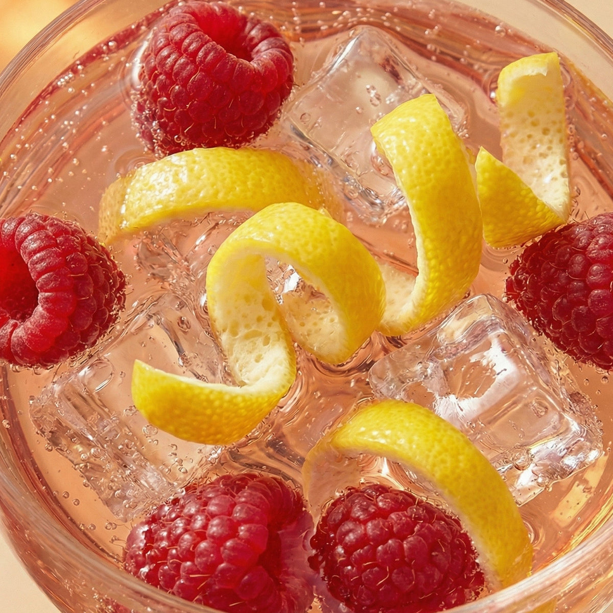 Glass of pink lemonade with raspberries and lemon slices on a light background