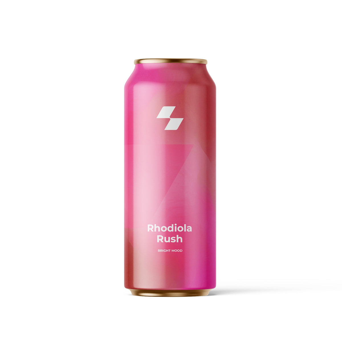 Pink can labeled 'Rhodiola Rush' on a white background (16 oz / 500 ml)