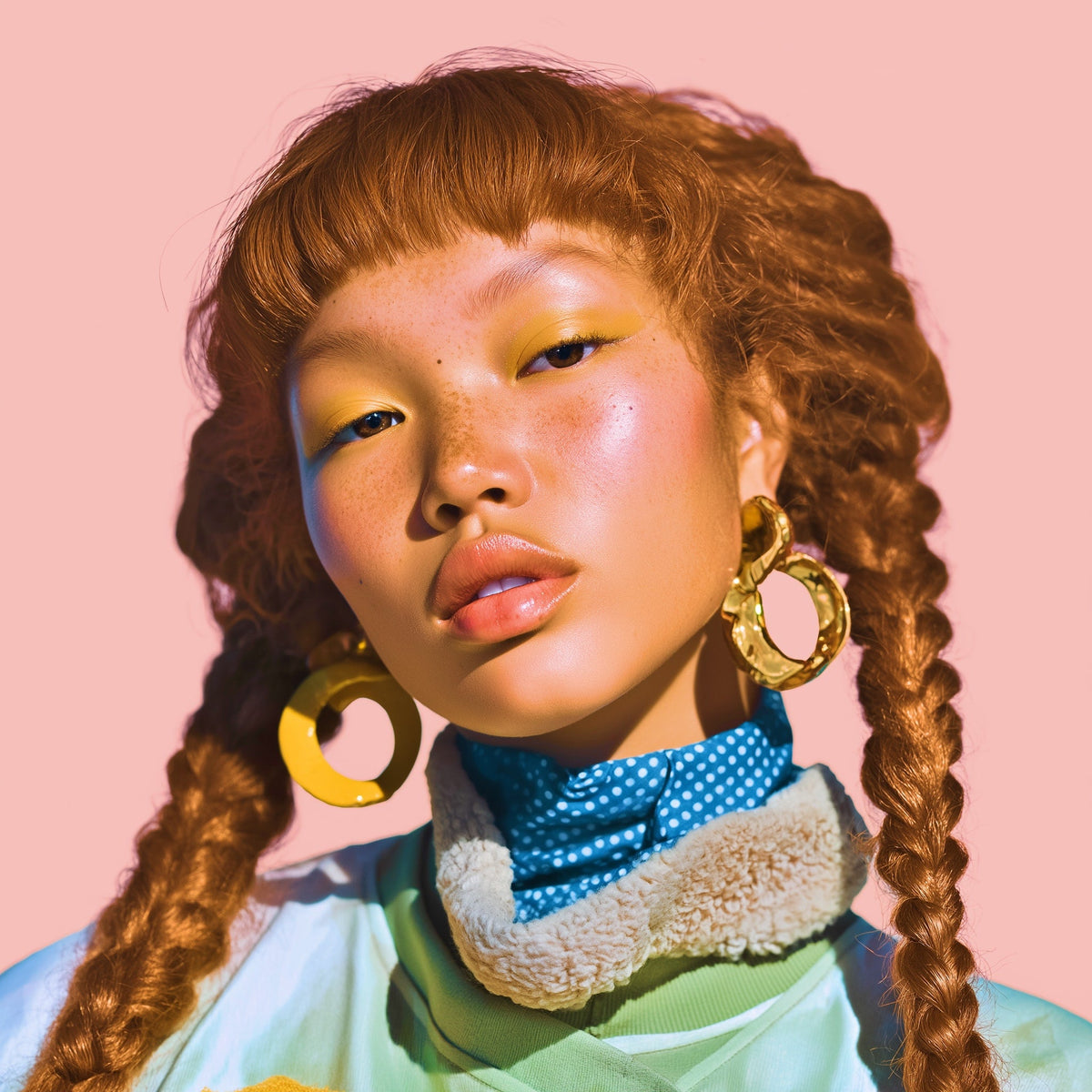 Person with braided hair wearing large hoop earrings against a pink background