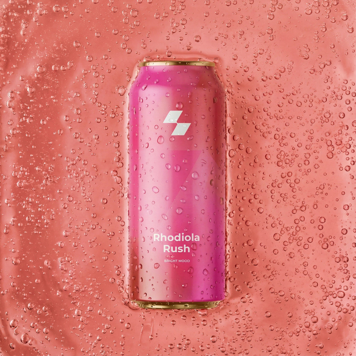 Pink can labeled 'Rhodiola Rush' on a pink background with water droplets.