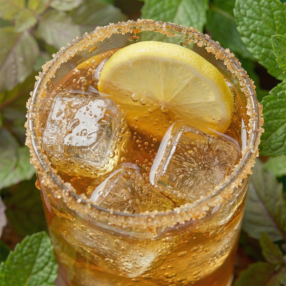 Glass of iced tea with lemon slice and sugar rim, surrounded by green leaves
