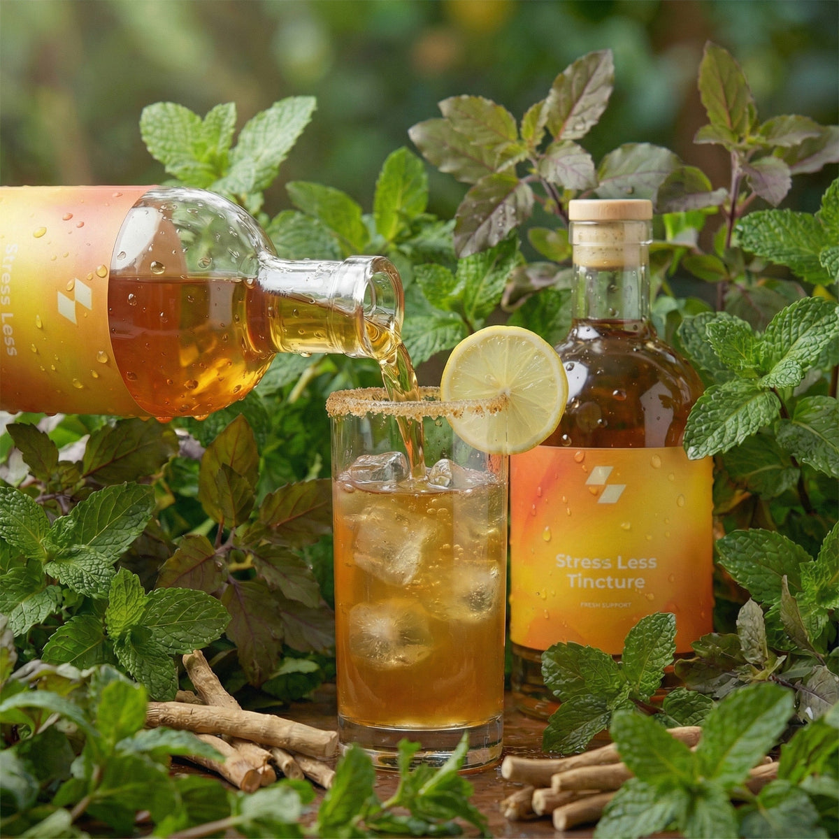 Bottle of Brass Lion Tincture being poured into a glass with ice and a lime, surrounded by greenery.