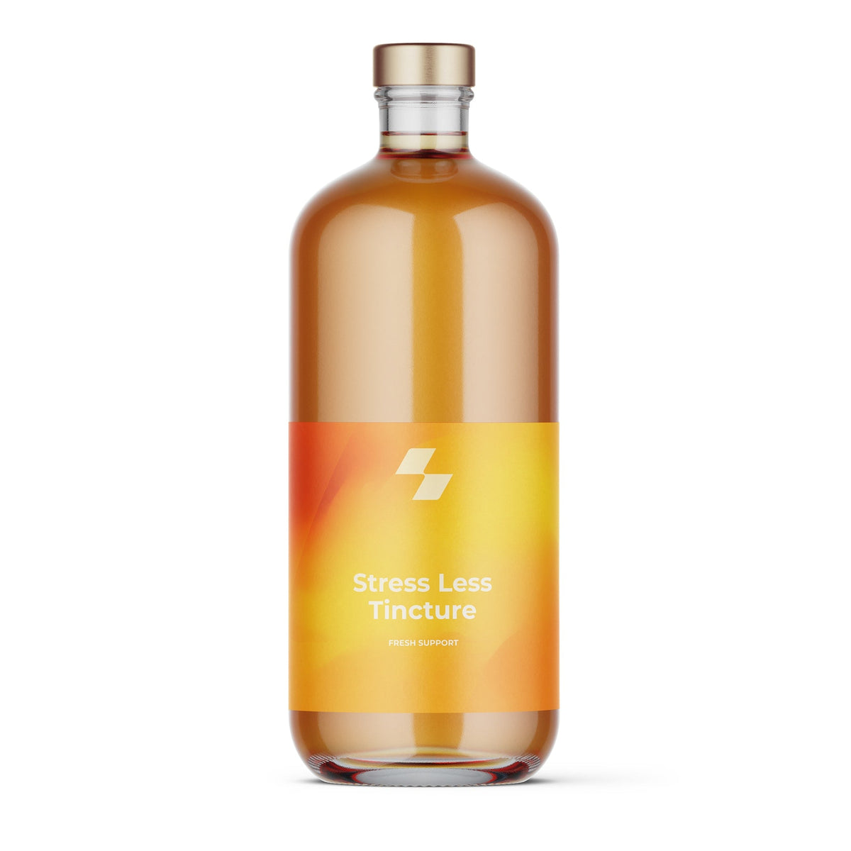Bottle of 'Stress Less Tincture' with a yellow label on a white background (33.8 oz / 1 L)