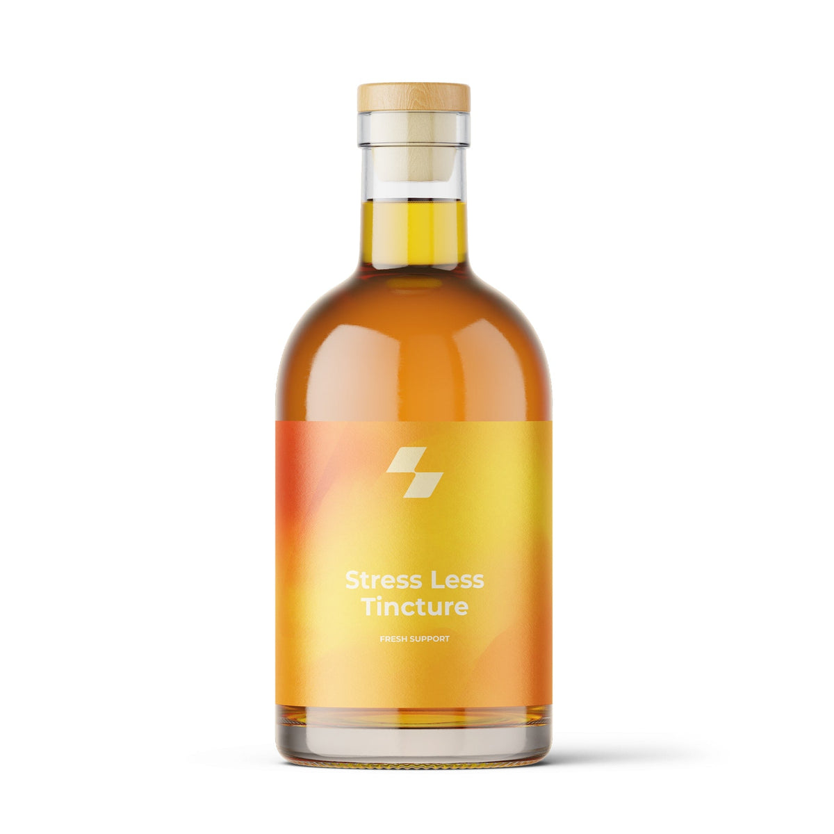 Bottle of 'Stress Less Tincture' with a yellow label on a white background (24 oz / 700 ml)