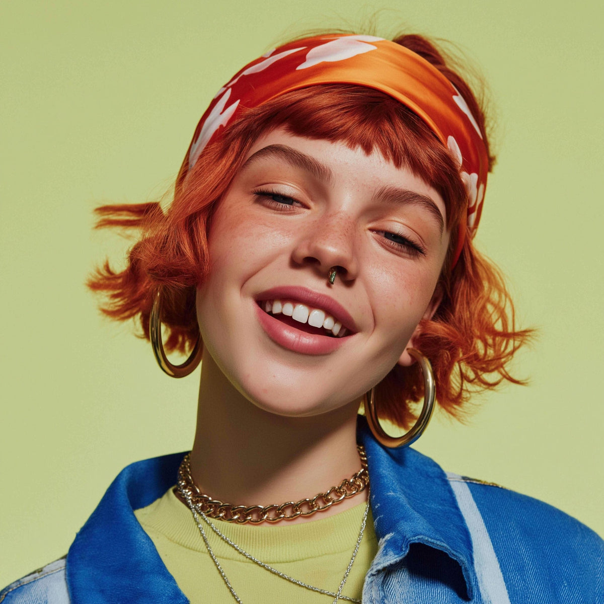 Person with red hair and colorful headband against a green background