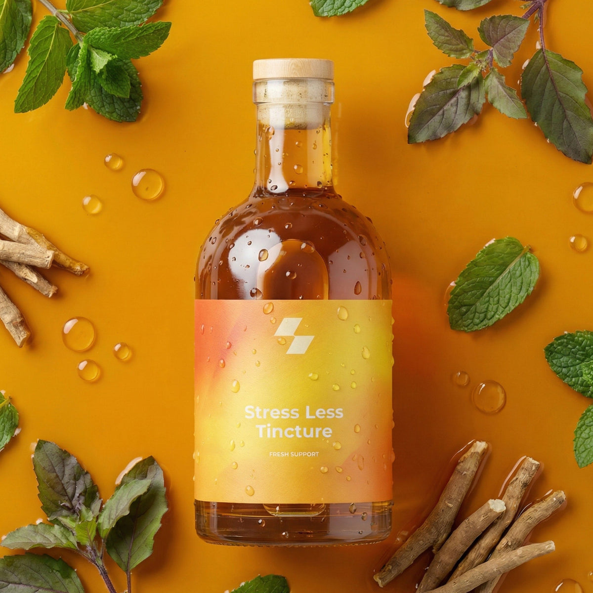 Bottle of 'Stress Less Tincture' with herbs on an orange background