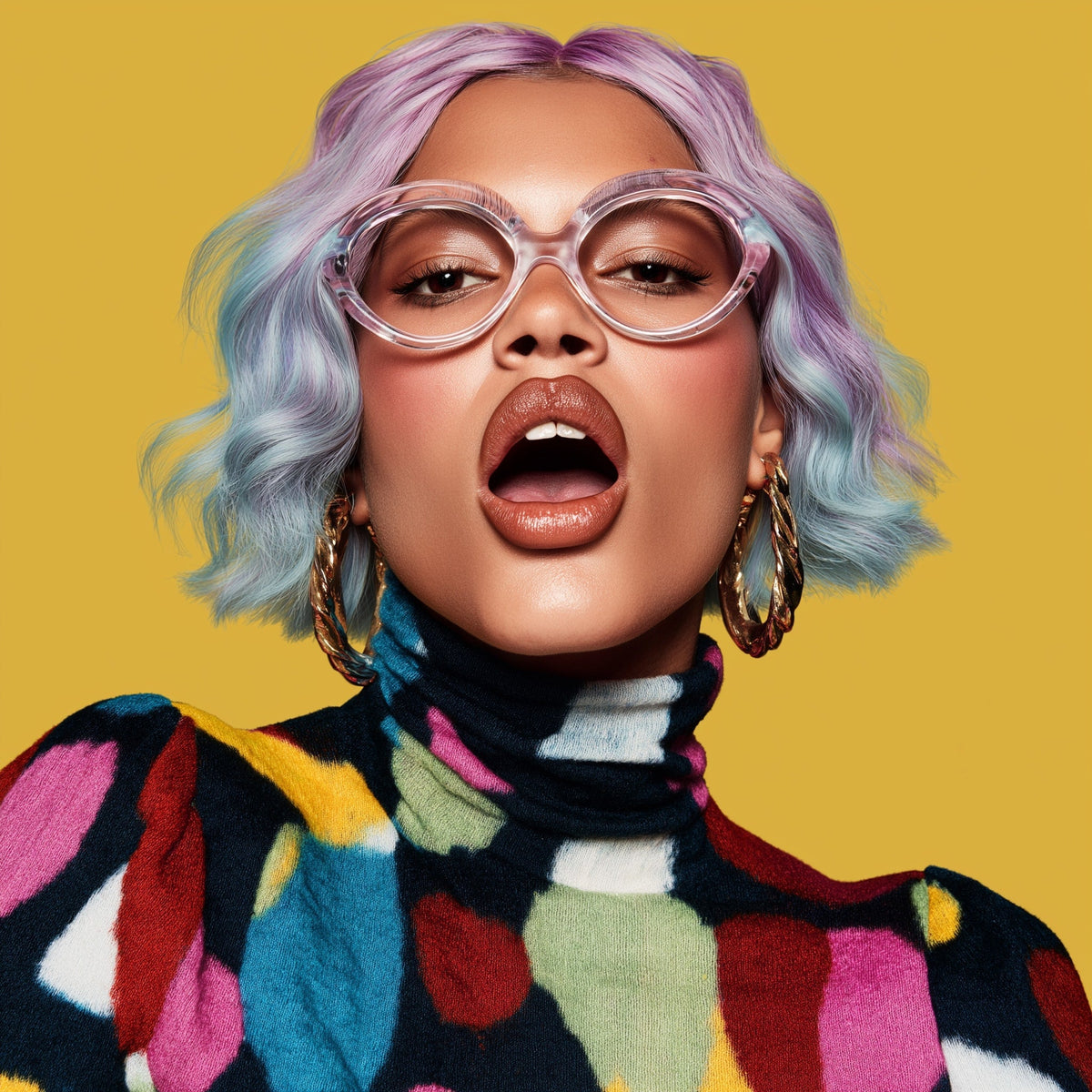 Person with colorful hair and clothing against a yellow background