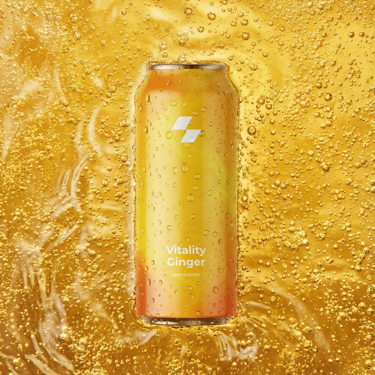 Can of 'Vitality Ginger' on a background with bubbles