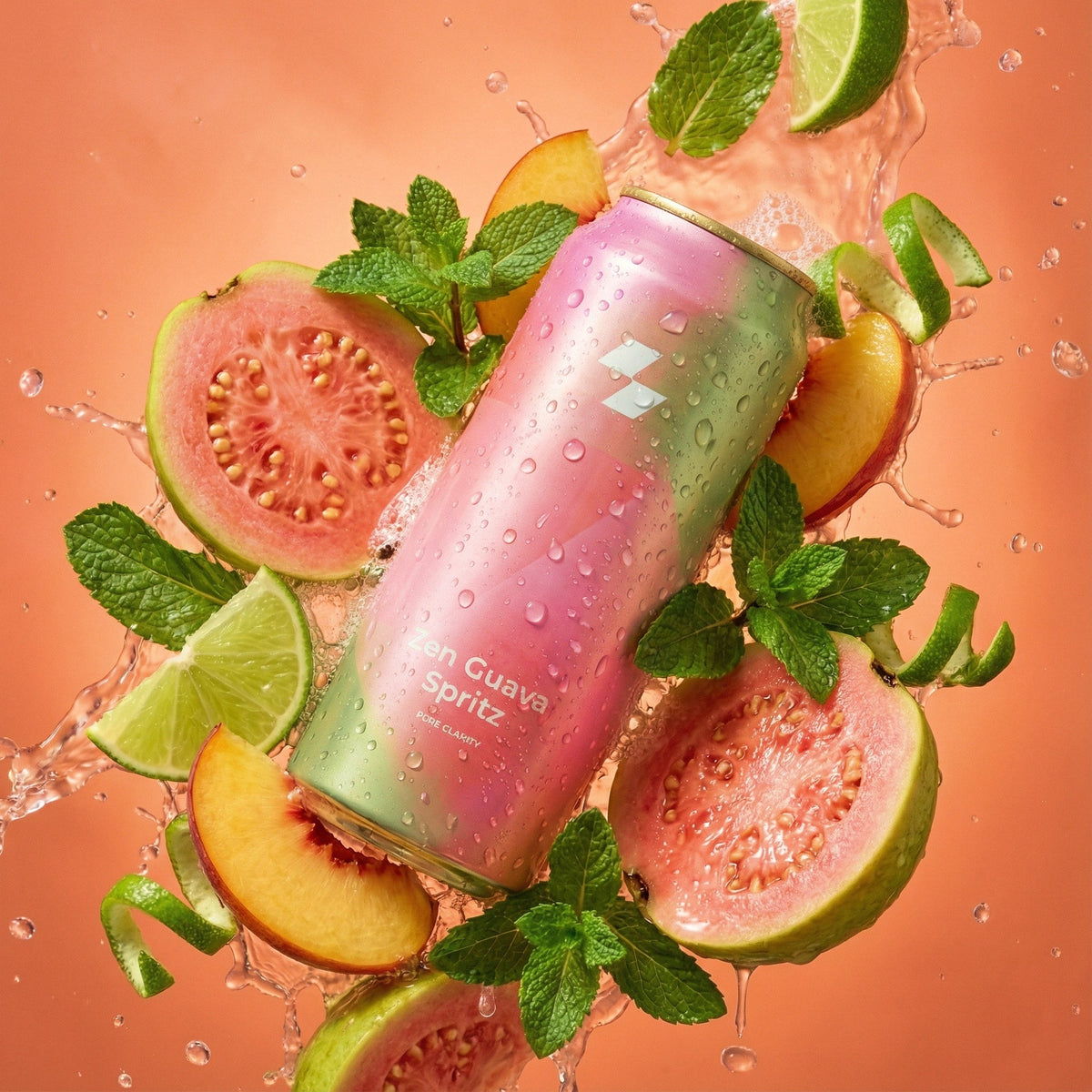 Pink can with guava spritz surrounded by guava slices, lime wedges, and mint leaves on a peach-colored background.