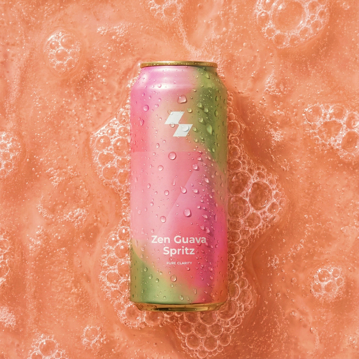 Can of Zen Guava Spritz on a bubbly peach background